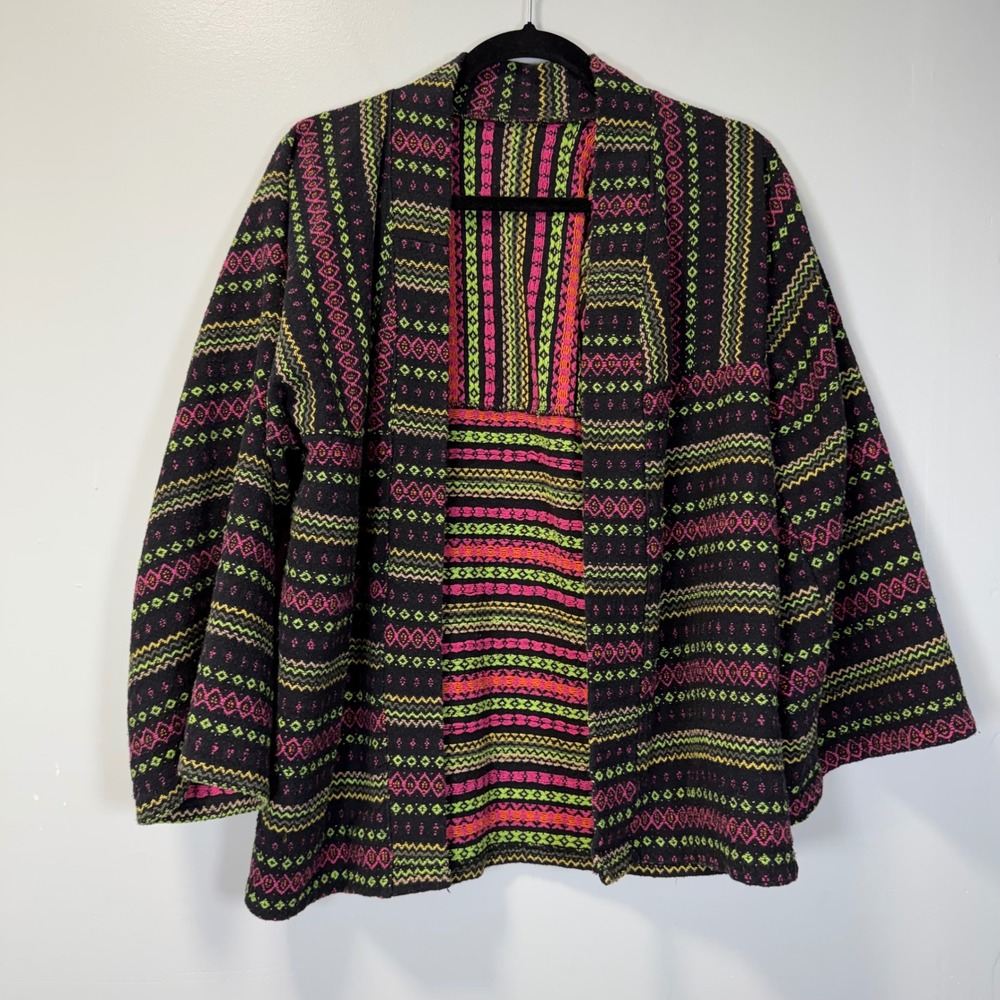 Unbranded Neon Geometric Knit Open Front Kimono Cardigan Multicolor Pockets Boho